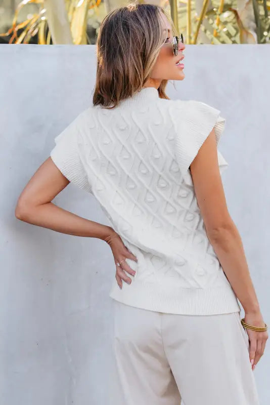 White textured ruffled mock neck knitted vest - new