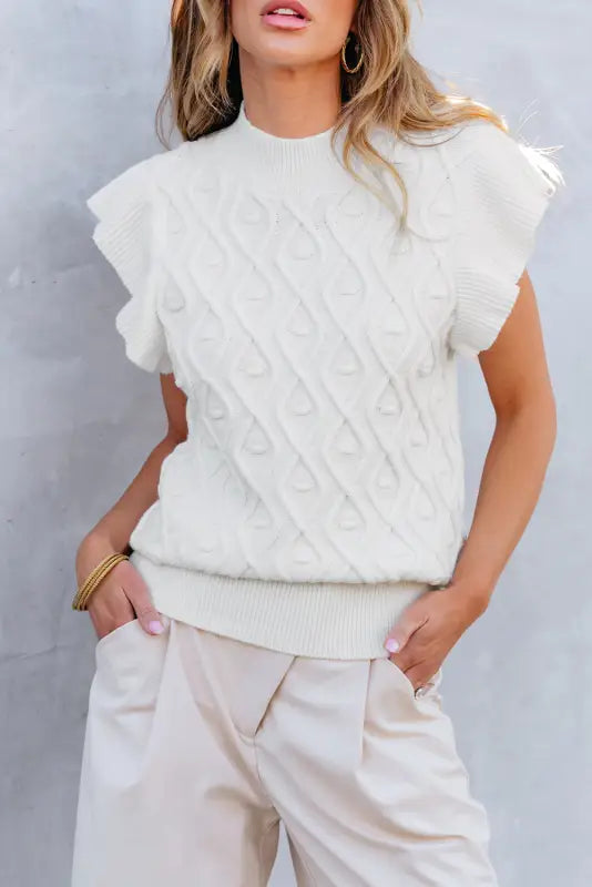 White textured ruffled mock neck knitted vest - new