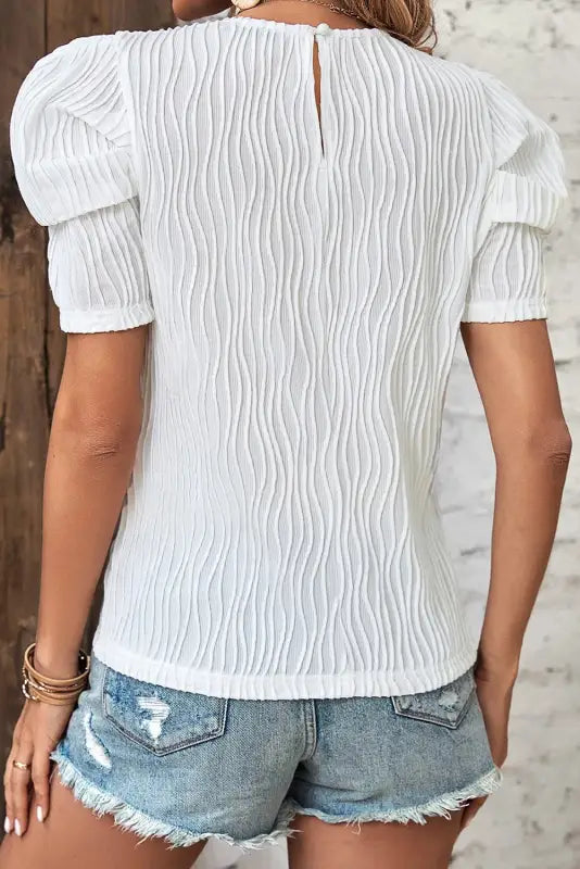 White textured short puff sleeve tee - tops/tops & tees