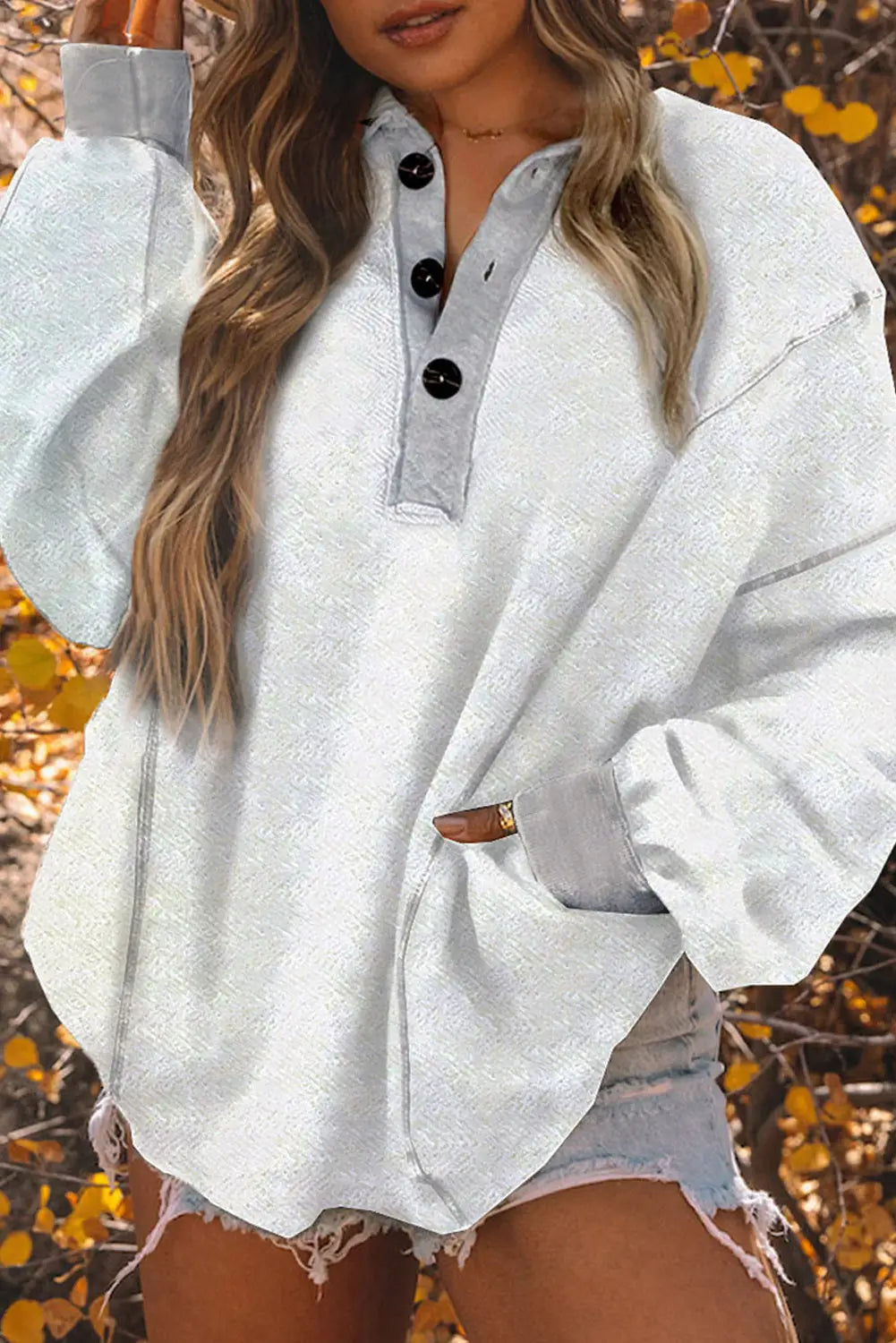 White textured side pockets buttoned neckline sweatshirt - l / 90% cotton + 10% polyester - sweatshirts & hoodies