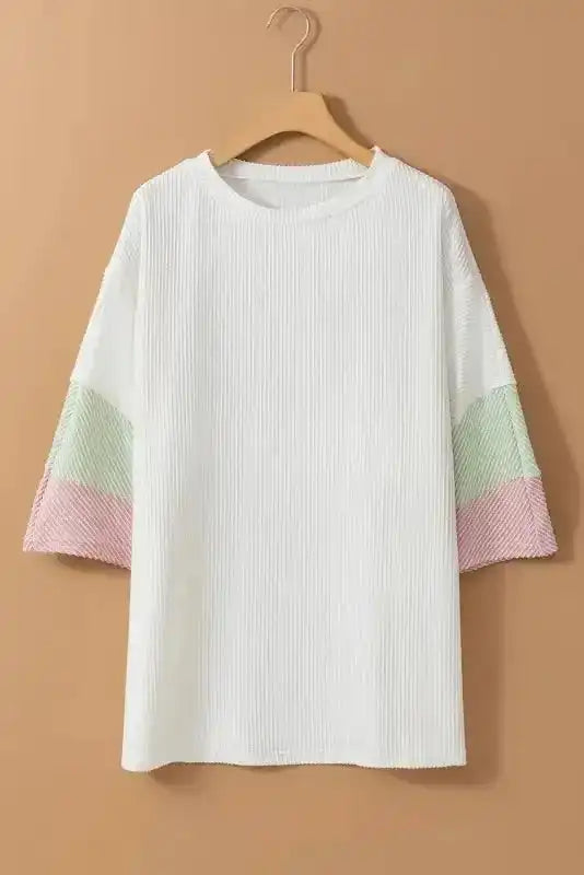 White Textured T-Shirt - Color-block Patchwork Half Sleeve Plus - Fashionfitz