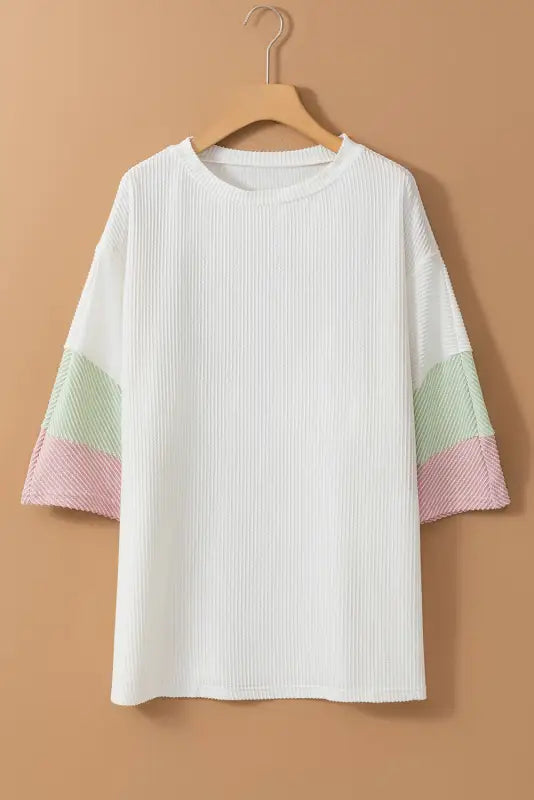 White textured t-shirt - color-block patchwork half sleeve plus - 1x / 75% polyester + 20% viscose + 5% elastane