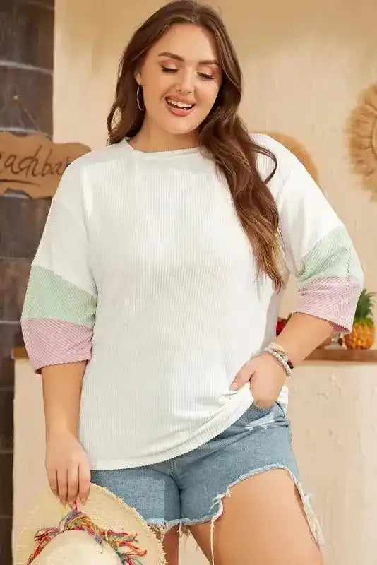 White Textured T-Shirt - Color-block Patchwork Half Sleeve Plus - Fashionfitz