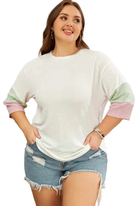 White textured t-shirt - color-block patchwork half sleeve plus - size/plus size tops/plus tops & tees