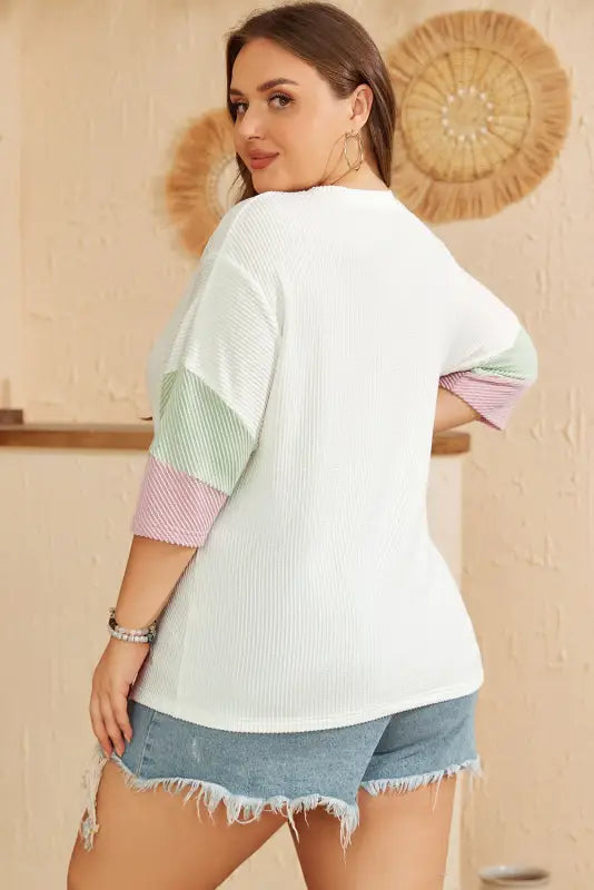 White textured t-shirt - color-block patchwork half sleeve plus - size/plus size tops/plus tops & tees