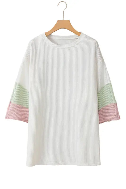 White textured t-shirt - color-block patchwork half sleeve plus - size/plus size tops/plus tops & tees