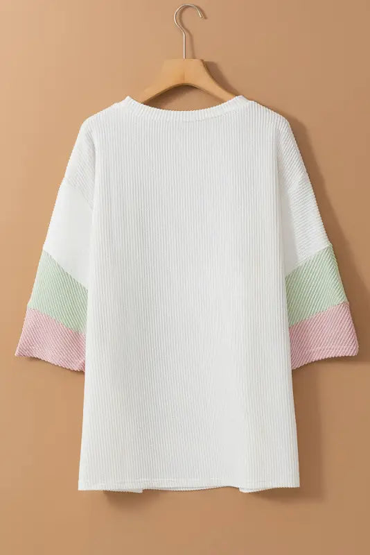 White textured t-shirt - color-block patchwork half sleeve plus - size/plus size tops/plus tops & tees