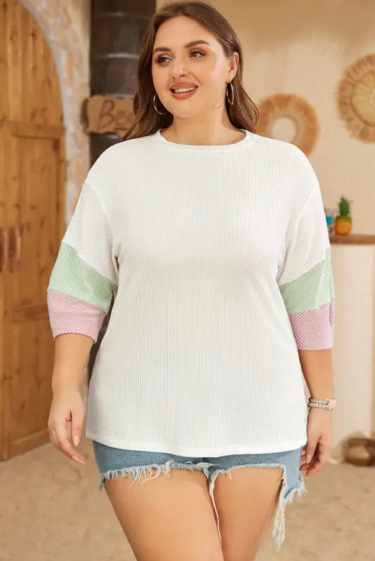 White textured t-shirt - color-block patchwork half sleeve plus - size/plus size tops/plus tops & tees