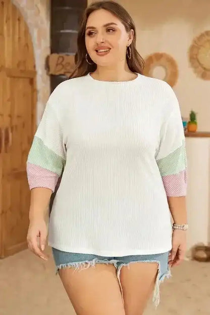 White Textured T-Shirt - Color-block Patchwork Half Sleeve Plus - Fashionfitz