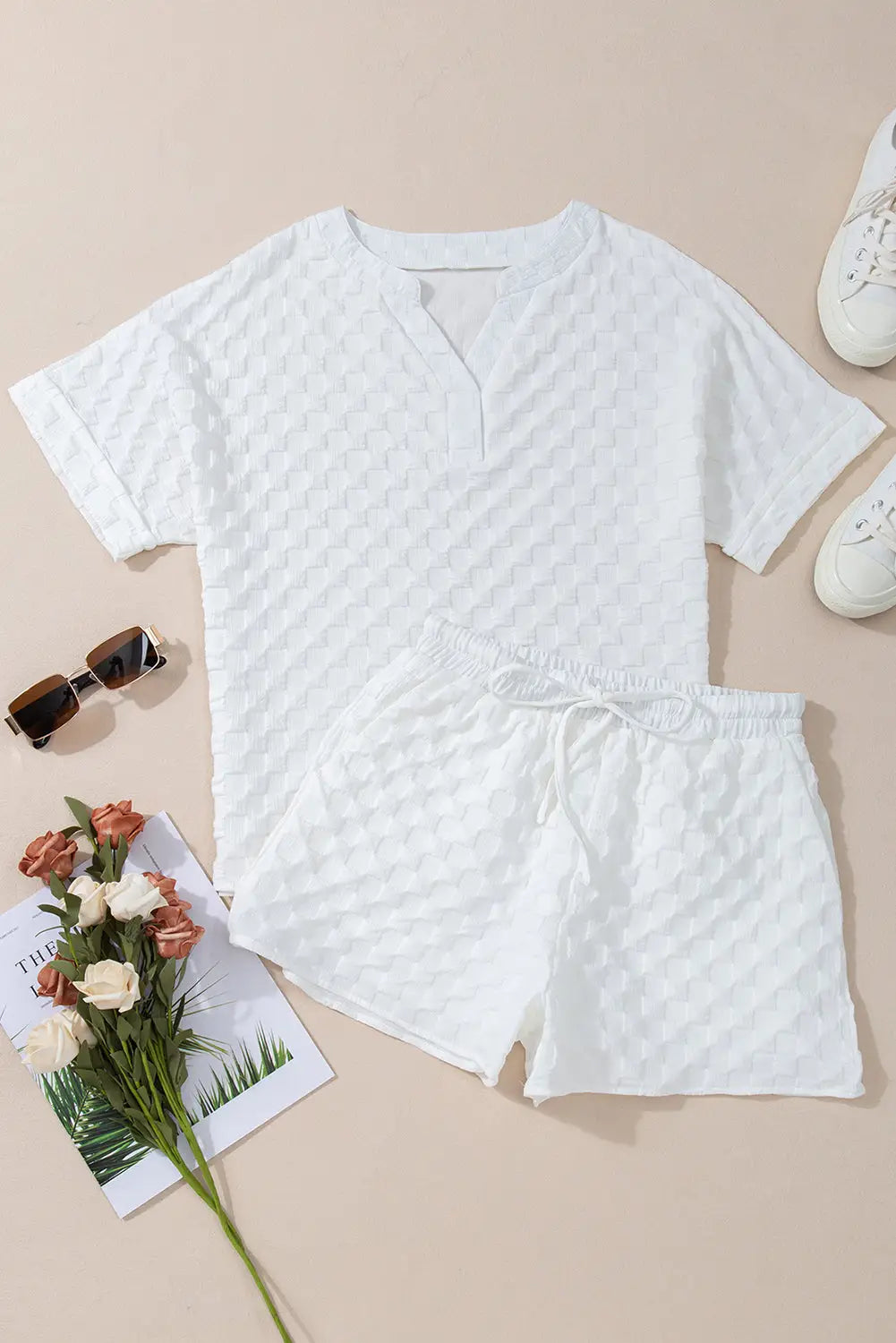 White textured top and shorts set - two piece sets/short sets