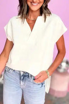 Women’s white textured v-neck collared short sleeve tunic top – summer casual blouse