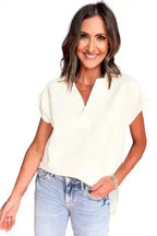 White Textured V Neck Collared Short Sleeve Top - Fashionfitz