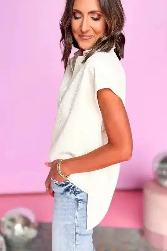 White Textured V Neck Collared Short Sleeve Top - Fashionfitz