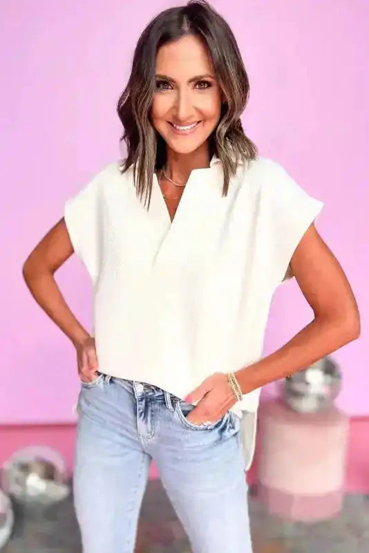 White Textured V Neck Collared Short Sleeve Top - Fashionfitz