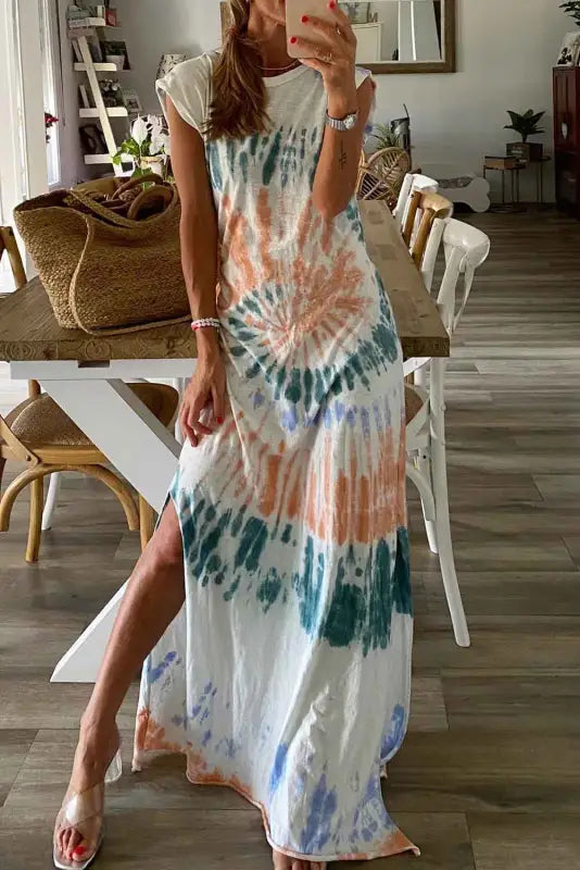 White tie dye long slit dress - maxi dresses