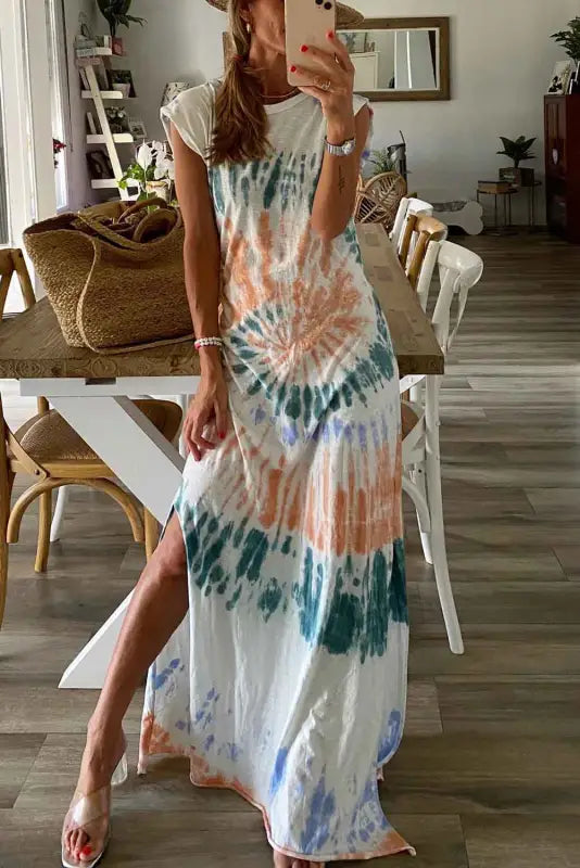 White tie dye long slit dress - maxi dresses