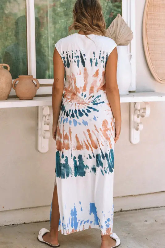 White tie dye long slit dress - maxi dresses