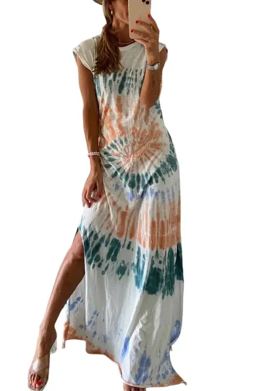 White tie dye long slit dress - maxi dresses