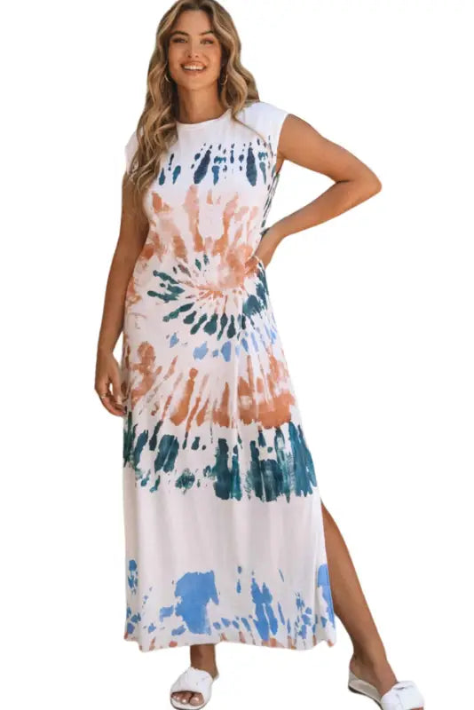 White tie dye long slit dress - maxi dresses