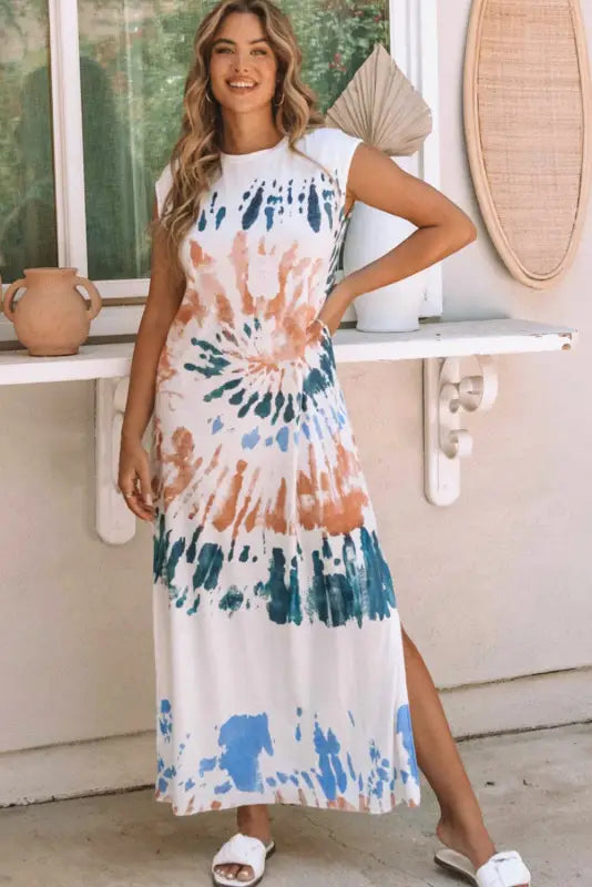 White tie dye long slit dress - s / 95% polyester + 5% elastane - maxi dresses