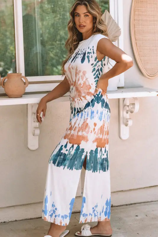 White tie dye long slit dress - maxi dresses