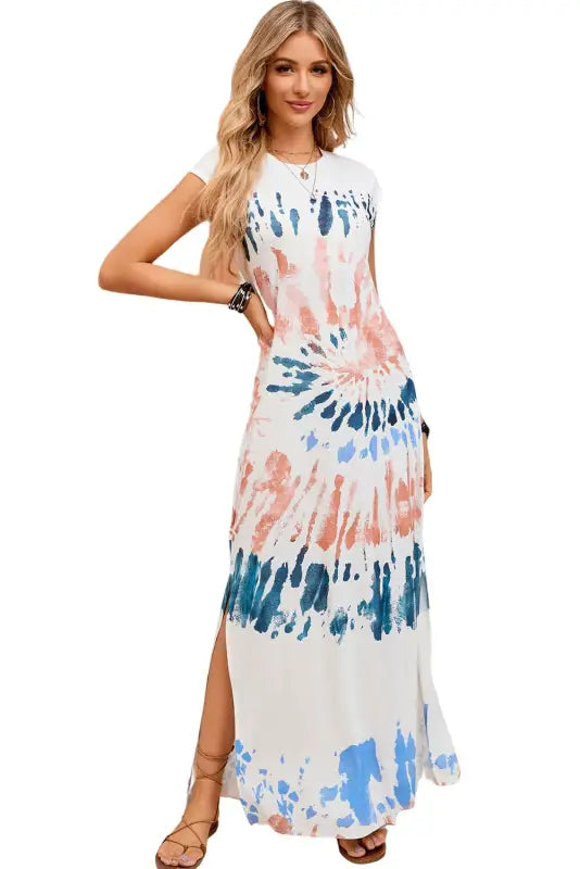 White tie dye long slit dress - maxi dresses