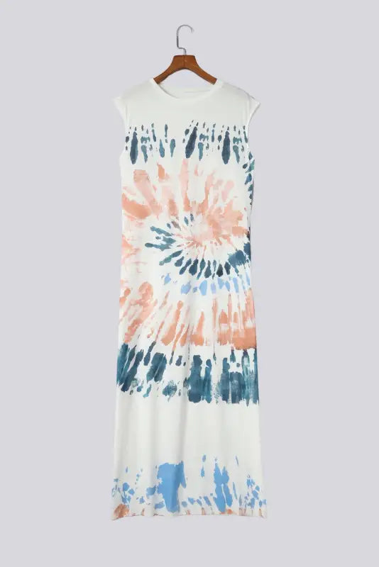 White tie dye long slit dress - maxi dresses