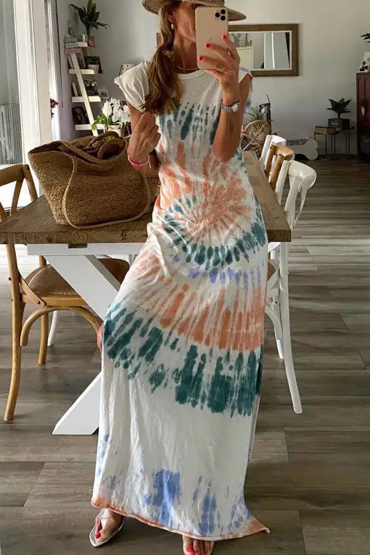 White tie dye long slit dress - maxi dresses