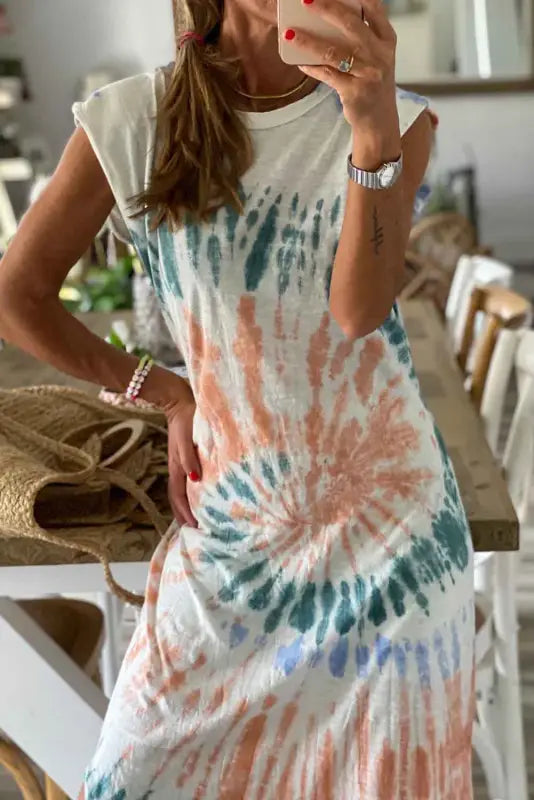 White tie dye long slit dress - maxi dresses