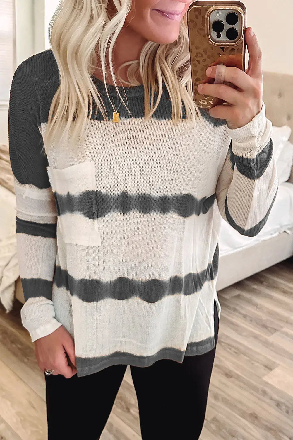White tie dye striped loose knitted long sleeve top with slits - gray / s / 95% polyester + 5% elastane - tops