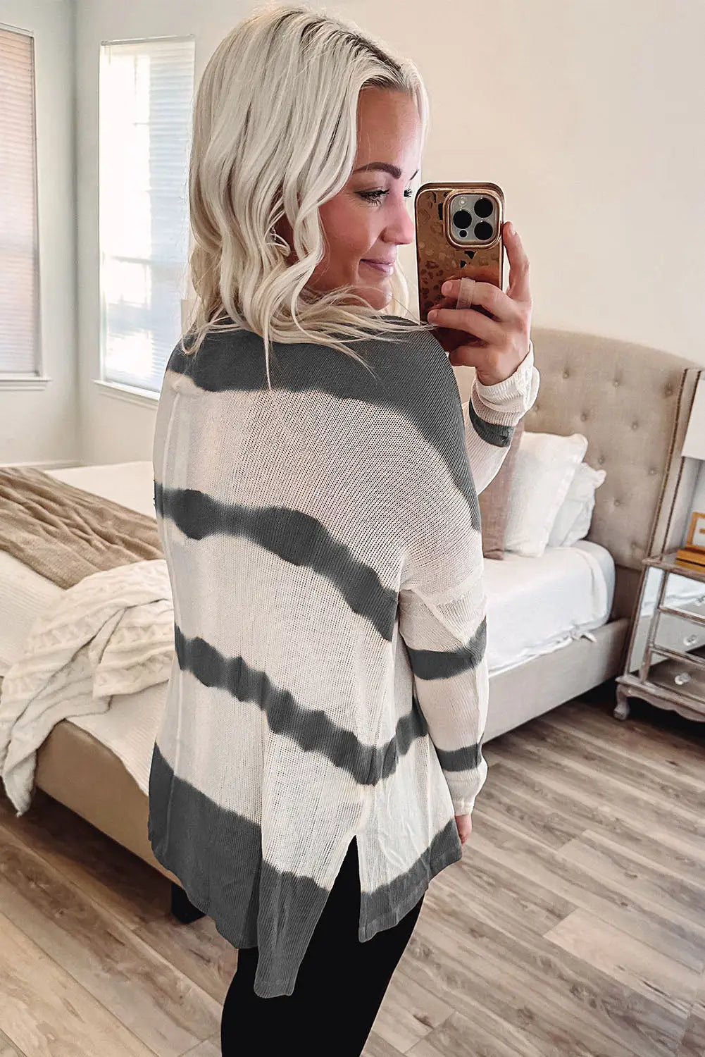 White tie dye striped loose knitted long sleeve top with slits - tops
