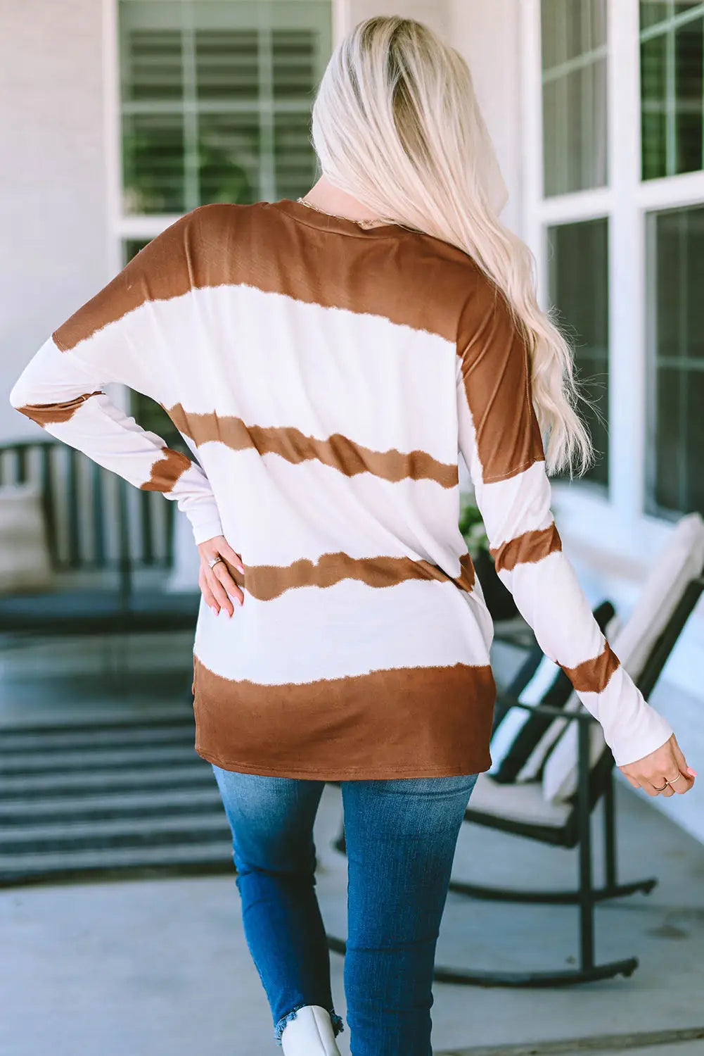 White tie dye striped loose knitted long sleeve top with slits - tops