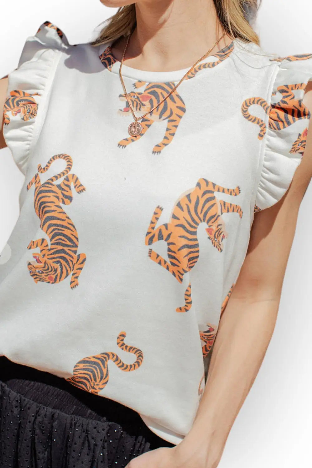 White tiger print flutter sleeve crew neck blouse - blouses & shirts