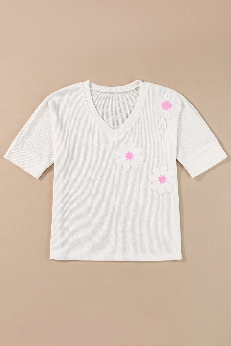 White top - flower applique knitted v neck - tops & tees