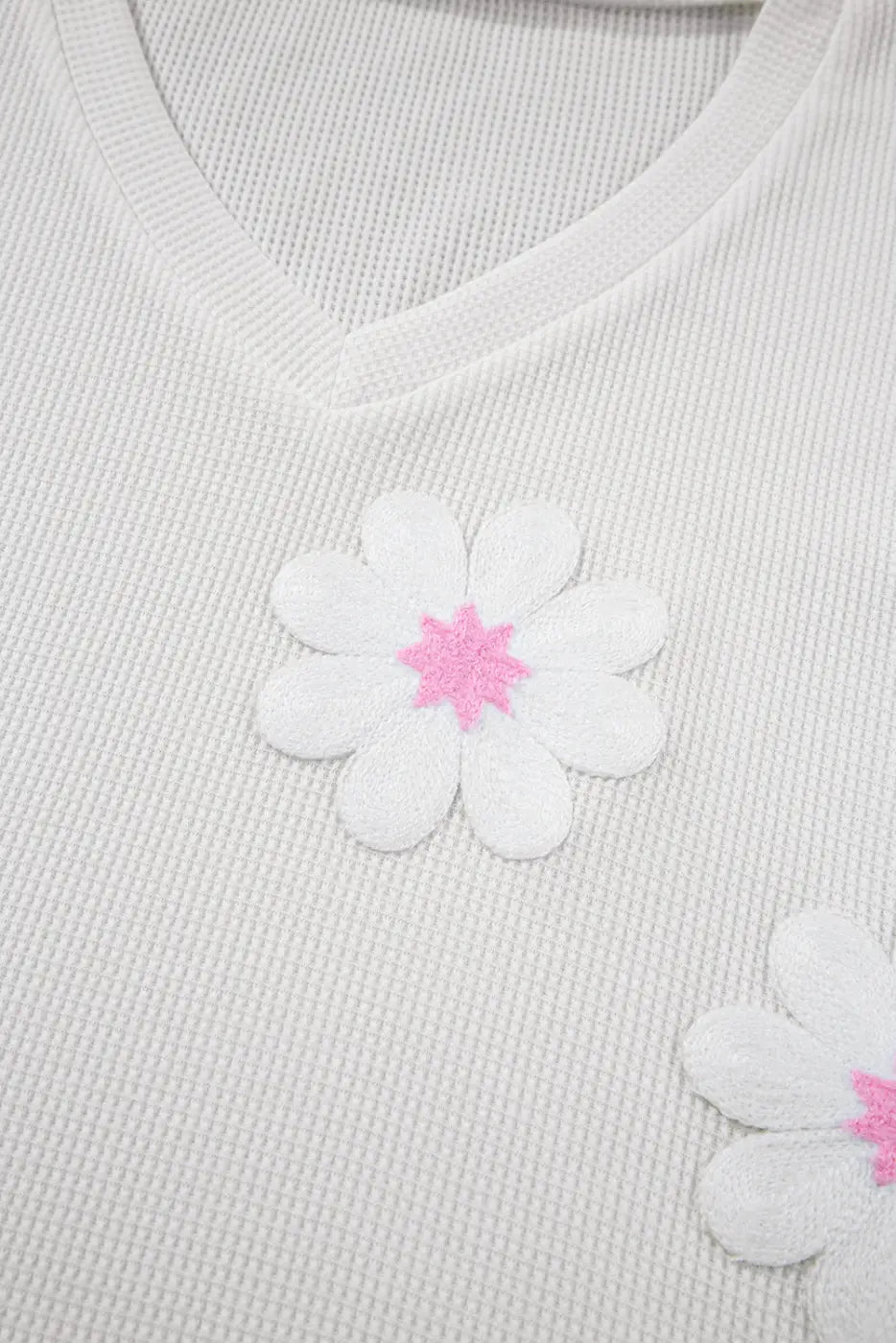 White top - flower applique knitted v neck - tops & tees