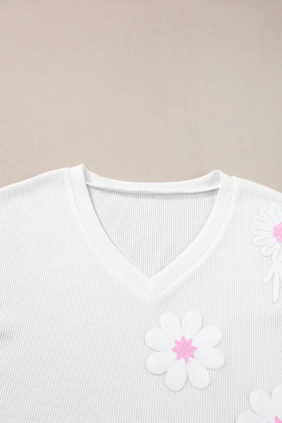 White top - flower applique knitted v neck - tops & tees