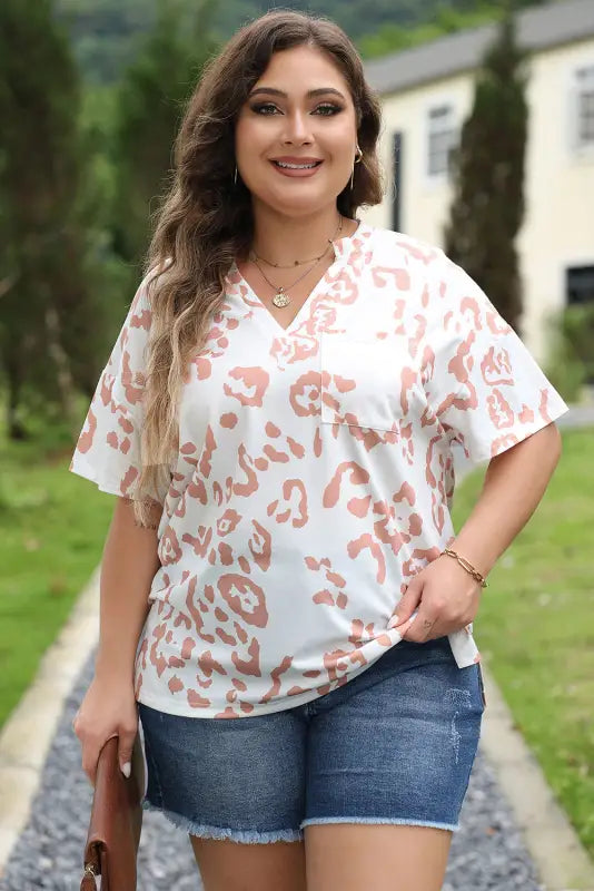 White top - plus size leopard print v neck short sleeve - size/plus tops/plus tops & tees