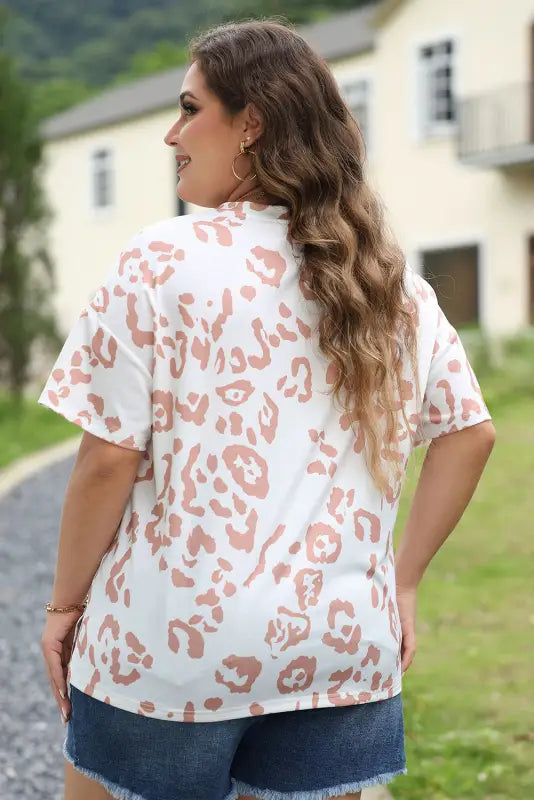 White top - plus size leopard print v neck short sleeve - size/plus tops/plus tops & tees