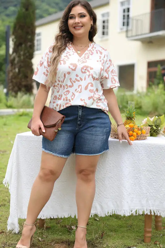 White top - plus size leopard print v neck short sleeve - size/plus tops/plus tops & tees