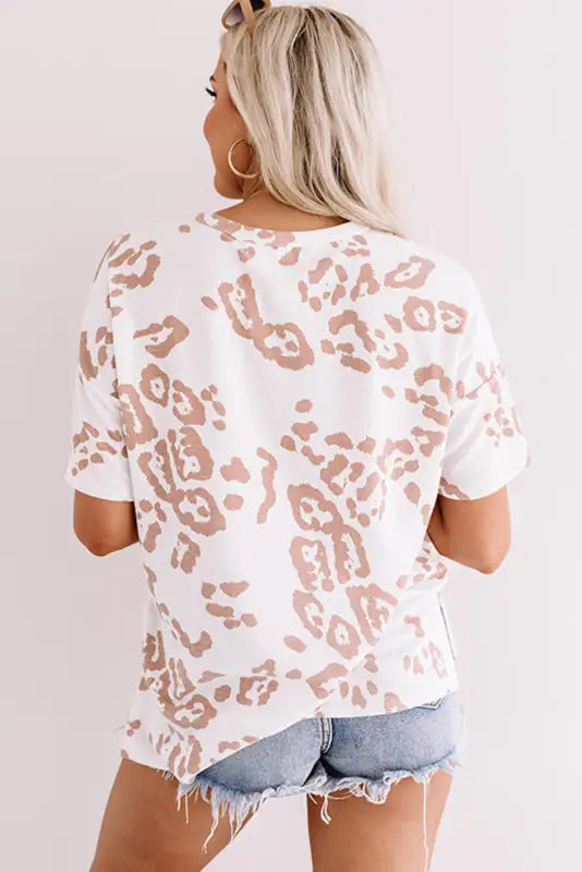 White top - plus size leopard print v neck short sleeve - size/plus tops/plus tops & tees