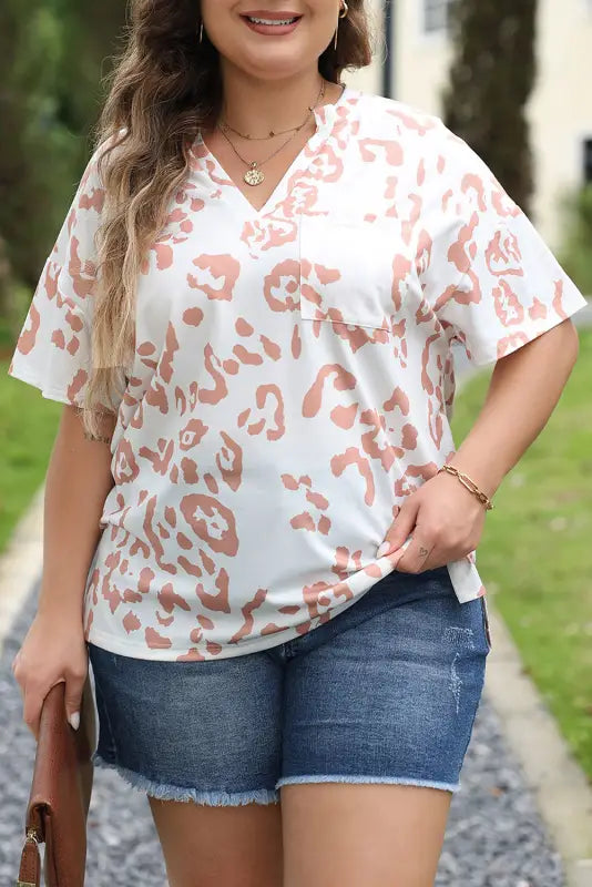 White top - plus size leopard print v neck short sleeve - size/plus tops/plus tops & tees