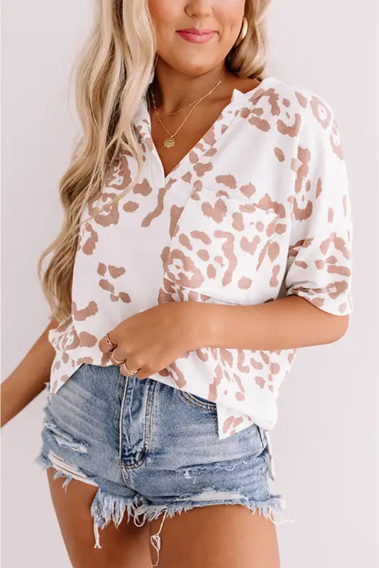 White top - plus size leopard print v neck short sleeve - 1x / 95% polyester + 5% elastane - size/plus tops/plus tops &