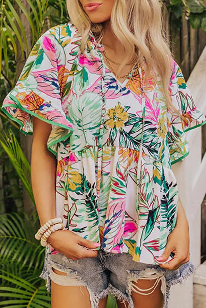 White tropical blouse - floral print ruffled short sleeve - s / 100% cotton - tops/blouses & shirts