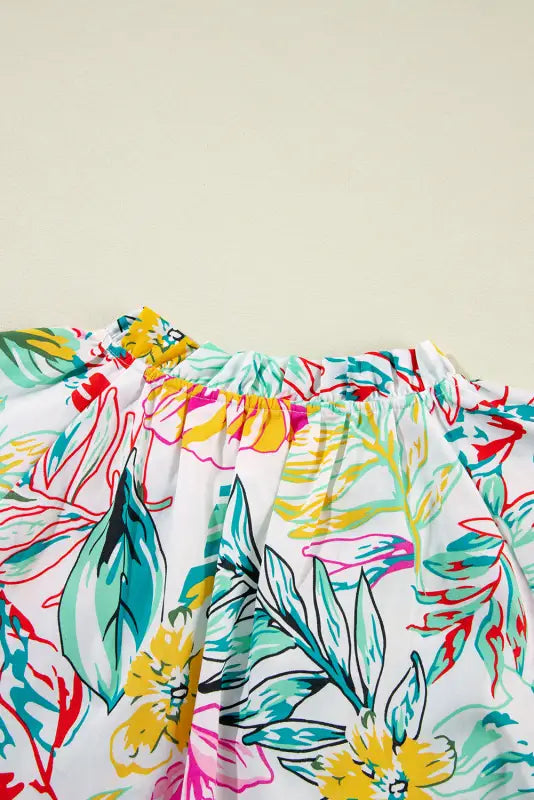 White tropical blouse - floral print ruffled short sleeve - tops/blouses & shirts