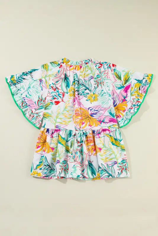 White tropical blouse - floral print ruffled short sleeve - tops/blouses & shirts