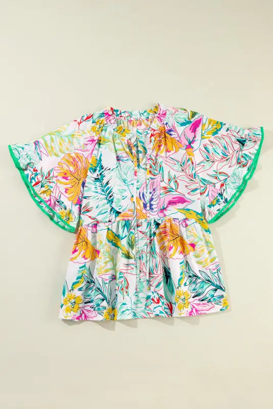 White tropical blouse - floral print ruffled short sleeve - tops/blouses & shirts