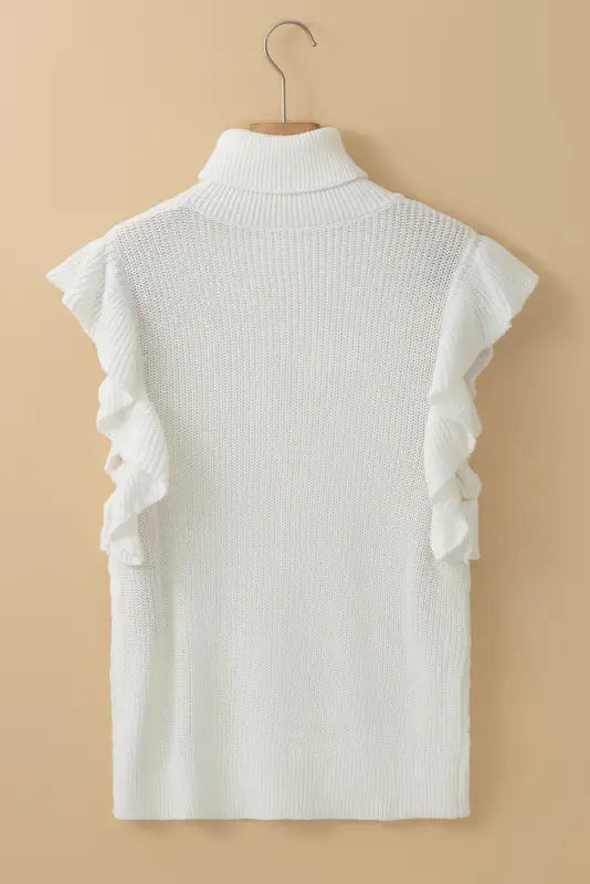 White turtle neck short sleeve cable knit ruffled sweater