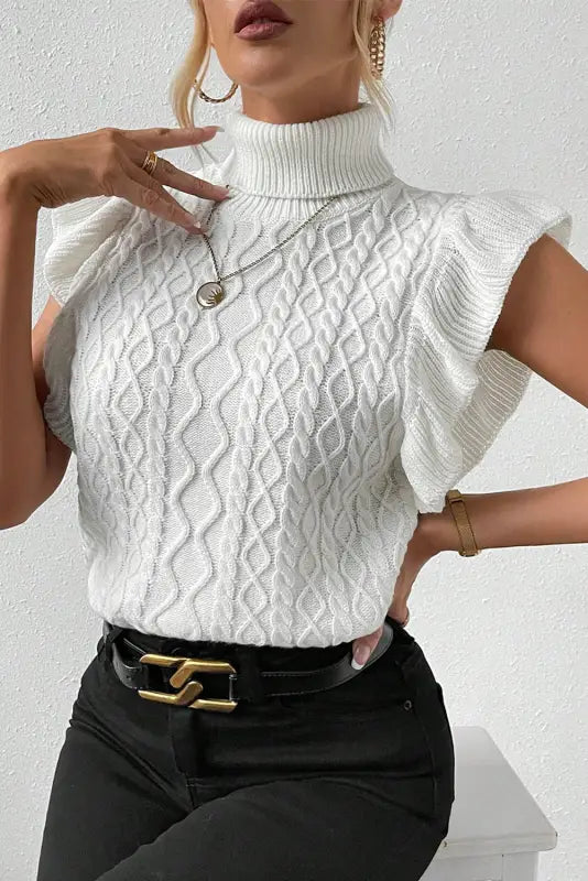 White turtle neck short sleeve cable knit ruffled sweater