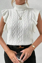 White Turtle Neck Short Sleeve Cable Knit Ruffled Sweater - Fashionfitz