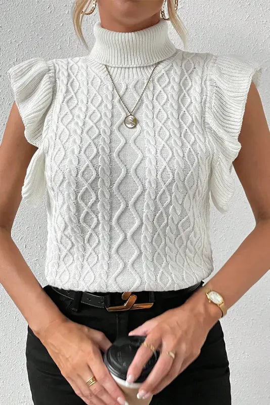 White turtle neck short sleeve cable knit ruffled sweater